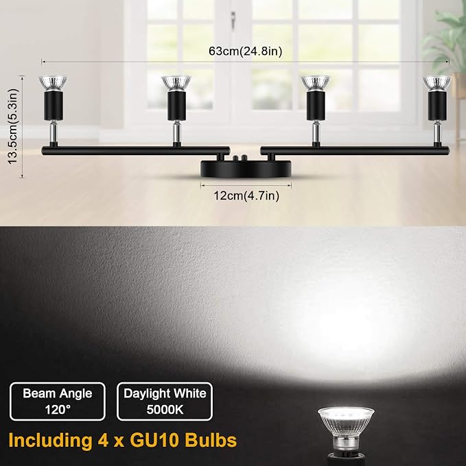 Ascher 4-Light LED Track Lighting Kit, Flexibly Rotatable Light Heads, 4 Way Ceiling Spotlight Black Finish, Including 4 GU10 LED Bulbs (4W 400LM Daylight White 5000K)