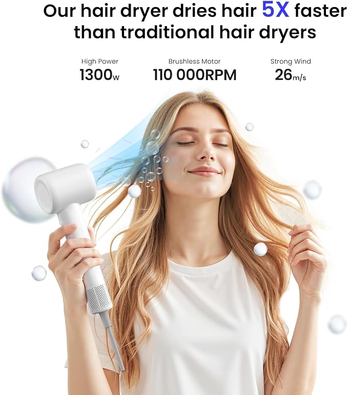 Hair Dryer, 110,000 RPM High-Speed Ionic Blow Dryer with Brushless Motor, Fast Drying, Low Noise Lightweight Design, Hair Dryer with Diffuser & Nozzle, Professional for Women & Men, Home or Travel