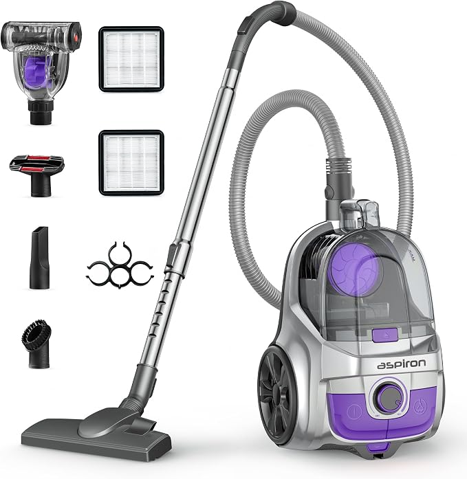 Aspiron Canister Vacuum, Upgraded 1600W Bagless Canister Vacuum Cleaner, Auto Cord Rewind, H13 HEPA Filter, 4Qt Large Capacity, 5 Tools for Hard Floors, Carpet, Pet, Upholstery, Tiles, Amethyst