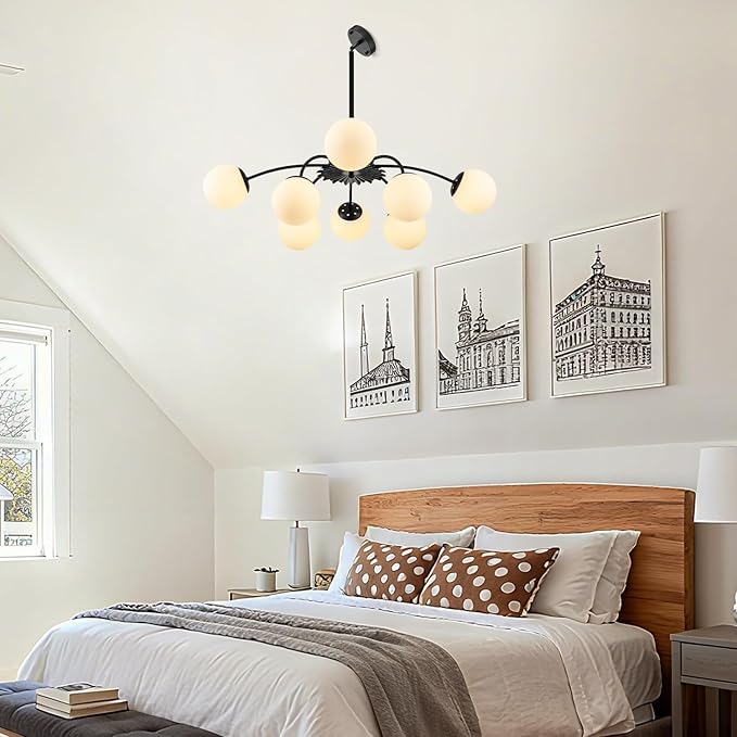 8-Light Milk Glass Pendant Light, 33" Sputnik Bubble Glass Chandelier Light Fixture, Hand Blown Semi Flush Mount Ceiling Chandeliers Lighting for Dining Room, Living Room (Black, 8-Light Chandelier)