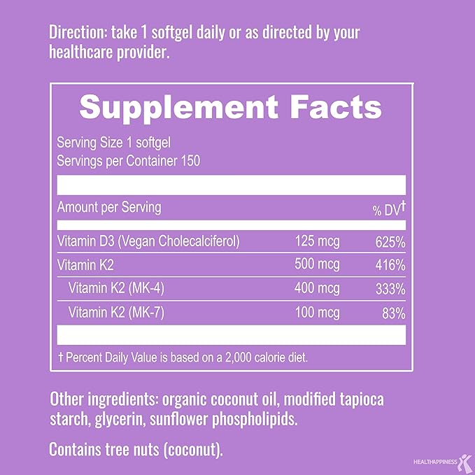 Complément alimentaire végétalien certifié UpNourish Vitamine D3 5000 UI K2 MK4 MK7 500 mcg, 150 capsules molles, Vitamine D K liposomale végétale avec huile de noix de coco biologique, Sans OGM, sans gluten et sans gélatine