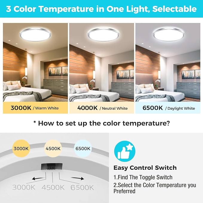zemty 2Pack LED Ceiling Light Fixture, 6.5-Inch 12W 1200lm Small Flush Mount Light, Adjustable 3000K 4000K 6500K Color Temperatures, Round Flat Recessed Lamp for Kitchen Closet Hallway Laundry, Nickel