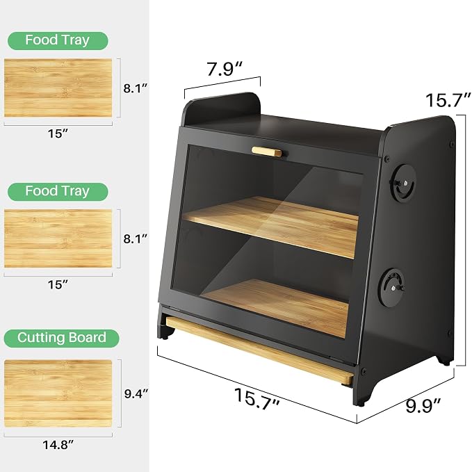 SNTD Bread Box for Kitchen Countertop, Airtight Homemade Bread Storage Container with Adjustable Vent Holes, Bamboo Cutting Board (Black, L)