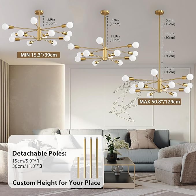 KAISITE Modern Sputnik Chandelier Ceiling Light Fixture 12-Light Gold Chandelier for Dining Room Over Table Height Adjustable Mid Century Industrial Chandelier for Kithchen Living Room Entryway
