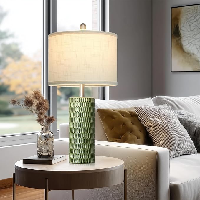 Cinyirong Modern Ceramic Table Lamps for Night Stands - Bedside Lamps Set of 2 for Nightstand, 27" Green Elegant Bedroom Lamp for Night Stand Desk Side End Table Home Decor(2 Bulbs Included)