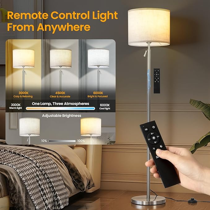 Modern Floor Lamp for Living Room and Bedroom- 55"-67" Height Adjustable Standing Lamps with Dimmable LED Bulb and Remote Control-Bright Tall Stand Light with Shade for Corner Lighting （Silver）