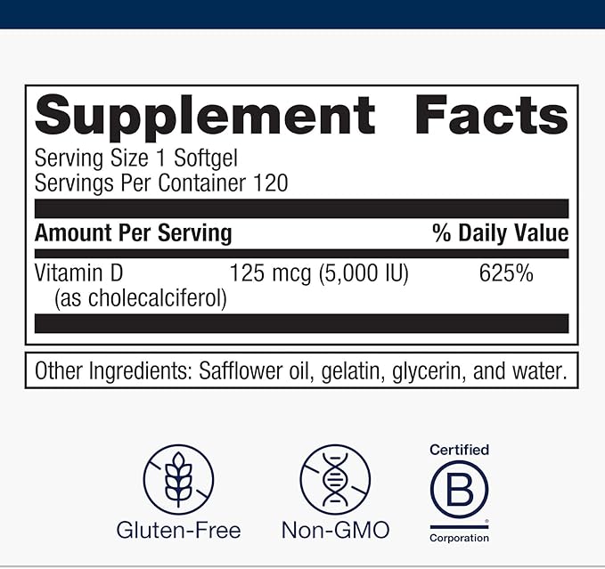 Complément alimentaire Metagenics Vitamine D3 5000 UI - Gélules à haute dose pour la santé immunitaire, osseuse et cardiaque* - 125 mcg de Cholécalciférol dans de l'huile de coco pour une meilleure absorption* - Sans OGM, Sans Gluten - 120 gélules