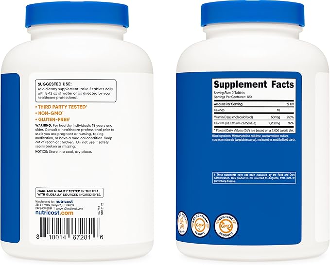 Nutricost Calcium avec Vitamine D, 240 Comprimés - Calcium (1200mg) Vitamine D (50mcg) Par Portion - Sans OGM, Sans Gluten
