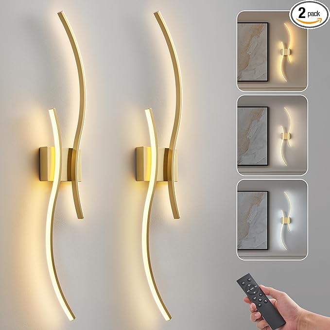 Battery Operated Wall Sconce Set of Two, Dimmable Modern LED Rechargeable Wall Light with Remote Control, Wall Decor for Living Room