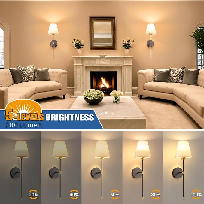 NIORSUN 19.9 inch Battery Operated Wall Sconce Set of 2,Gold-Black Rechargeable Wall Lights with 10400mAh Dimmable Detachable Bulbs and Remote, Wireless Sconces for Bedroom Living Room Hallway