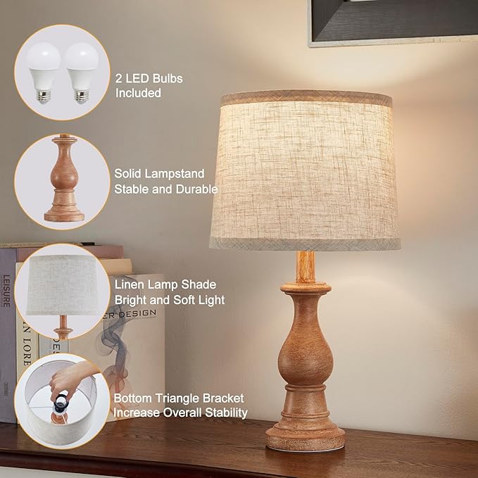 Vintage Table Lamp for Living Room Bedroom, 18.5" Farmhouse Bedside Lamps Nightstand Lamp Set of 2, Table Lamps with Oatmeal Linen Lamp Shades, 2 LED Bulbs Included, Wood Grain