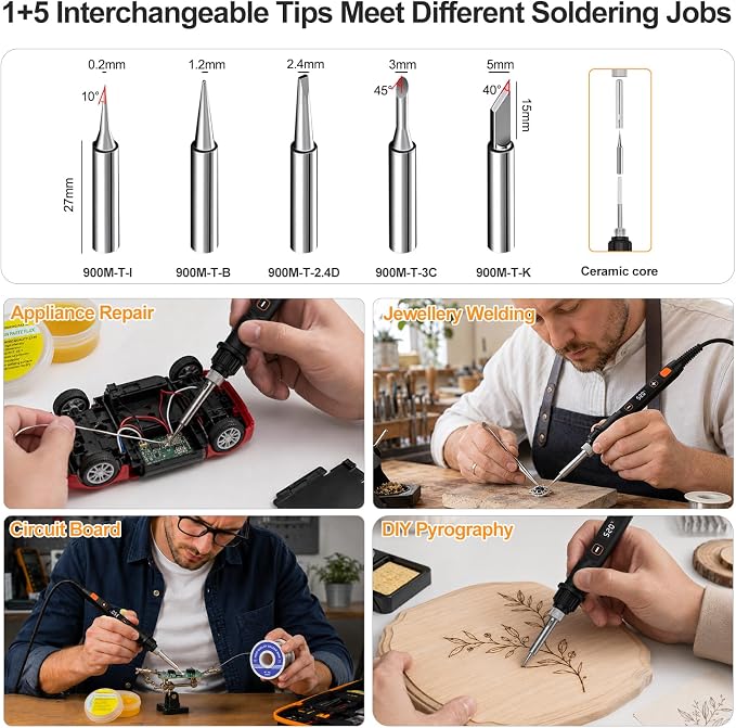 Soldering Iron Kit 80W LED 356-968℉ Soldering Iron 10s Fast Heating 18-in-1 Welding Tools for Electronics Repair DIY, PCB with Flux, Solder Wire, 5 Replaceable Tips, Desoldering Pump, Stand, Tweezers