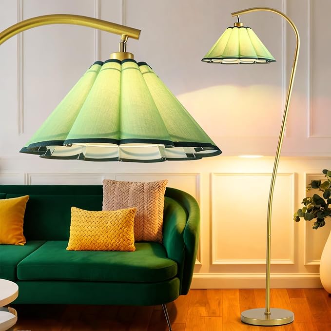Floor Lamp with Pleated Linen Lampshade, Modern Flower Floor Lamp for Living Room Arc Standing Lamp, Gold Tall Lamp for Bedroom Office Dining Room, Bulb Included (Gold + Green, 65IN)