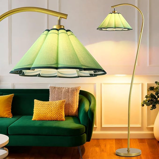 Floor Lamp with Pleated Linen Lampshade, Modern Flower Floor Lamp for Living Room Arc Standing Lamp, Gold Tall Lamp for Bedroom Office Dining Room, Bulb Included (Gold + Green, 65IN)