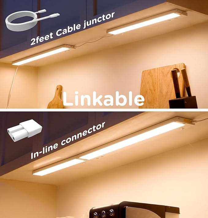 Tonlesm16 Inch Under Cabinet Lighting Plug in, 9W 120V 3 Color 3000K/4000K/5000K, 3 Brightness, Super Bright, Ultra Thin Under Counter Lights for Kitchen, Linkable LED Cabinet Light, White 2Pack