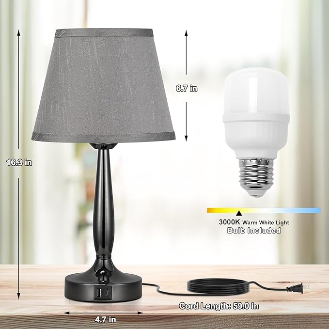 Kakanuo Touch Table Lamp for Bedroom Set, Small Bedside Lamps Set of 2 with USB C Charging Port, 3 Way Dimmable Touch Control Nightstand Lamps, LED Bulb Included
