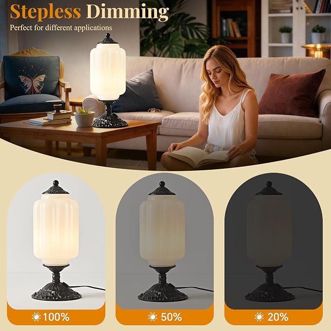 Milk Glass Table Lamp, Touch Control with USB Charging Port Vintage Bedside Desk Lamp Stepless Dimming for Bedroom Living Room Nightstand Led Bulbs Included （White）