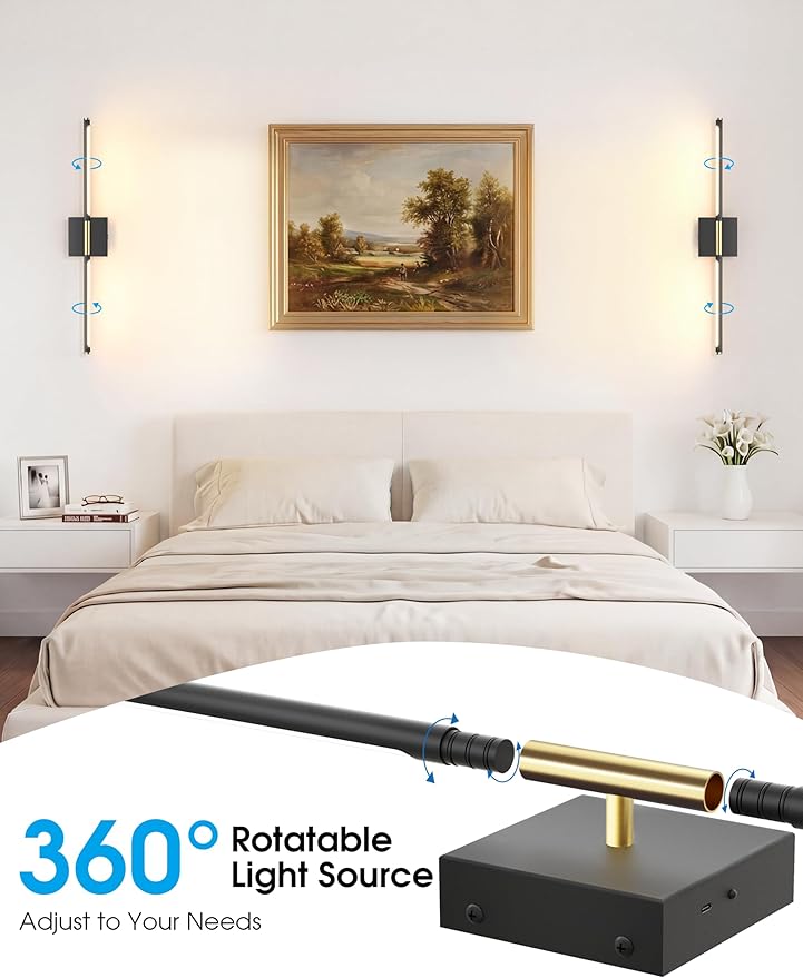 7800mAh Battery Operated Wall Sconces Set of Two, Rechargeable Wall Sconces with Remote, 360° Rotatable Battery Wall Sconce Decor, 27.6'' Wireless Wall Lights for Bedroom, Living Room(Black Gold)