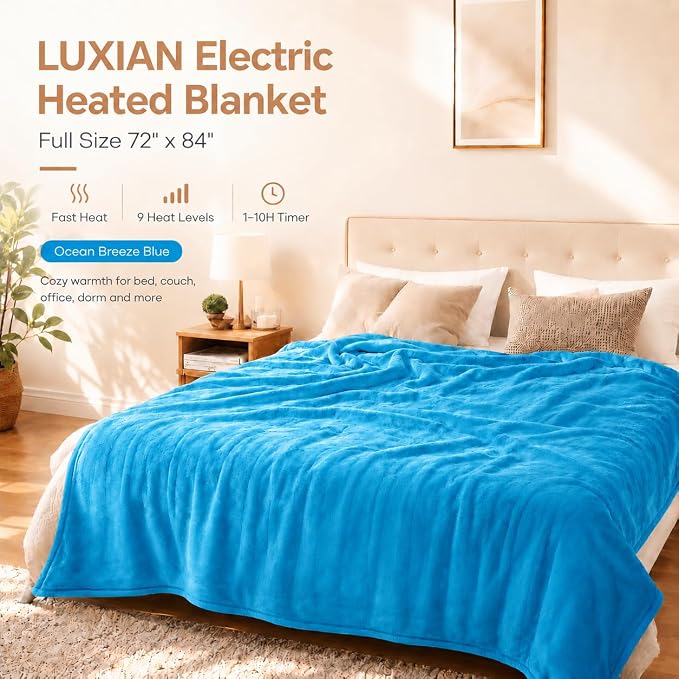 LUXIAN Electric Heated Blanket Full Size 72"x84" Queen Dual-Sided Flannel & Sherpa Fast Heating 9 Heat Settings 1-10H Auto Off ETL Safe Heating Ocean Breeze Blue Bed Sofa Office Winter Gift