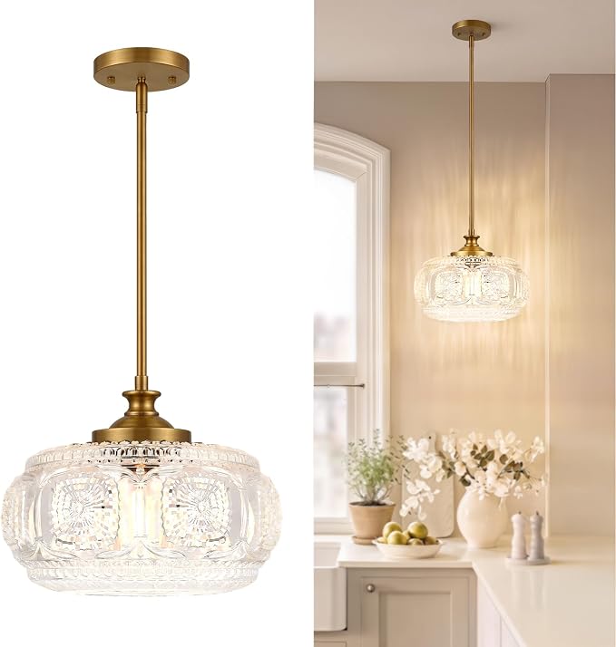 Semi Flush Mount Ceiling Light, Gold Pendant Lights Kitchen Island | 12" Large Clear Glass Shade, Vintage Pendant Light Adjustable Hanging Light for Kitchen Island Bedroom Hallway Bathroom