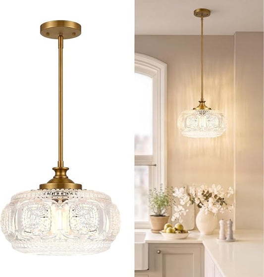 Semi Flush Mount Ceiling Light, Gold Pendant Lights Kitchen Island | 12" Large Clear Glass Shade, Vintage Pendant Light Adjustable Hanging Light for Kitchen Island Bedroom Hallway Bathroom