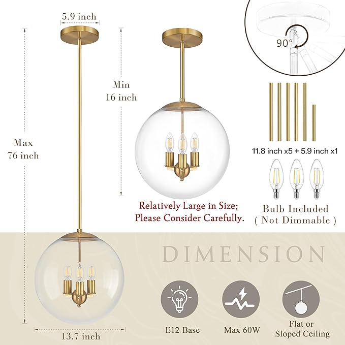 Bagood 14" Globe Pendant Light Contemporary Globe Pendant Lights Kitchen Island 3 Light Gold Mid Century Pendant Light Clear Glass with Brass Finish Adjustable Hanging Light Fixture for Dining Room