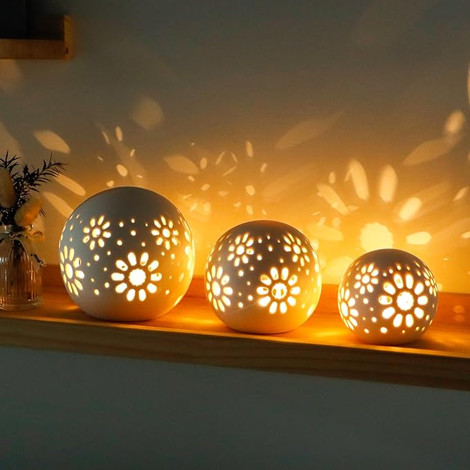 JHY DESIGN Set of 3 Ceramic Decorative Lamp 5" H Battery Powered Lamp Floral Carved Cordless Lamp Great for Living Room Bedroom Weddings Parties Patio Events (White)