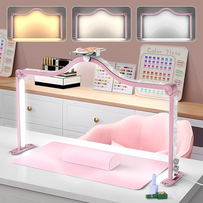 Yokilly Arc Half Moon Light: 34" Shadow-Free Half Moon Light for Desk Salon - Foldable LED Desk Lamp with Stepless Brightness for Manicurist (Rose Pink)