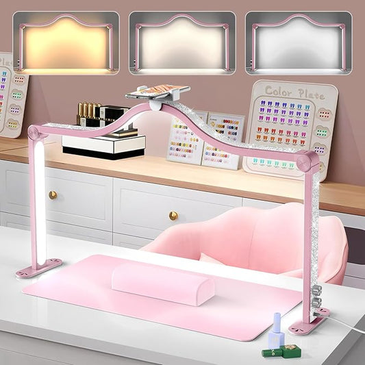 Yokilly Arc Half Moon Light: 34" Shadow-Free Half Moon Light for Desk Salon - Foldable LED Desk Lamp with Stepless Brightness for Manicurist (Rose Pink)