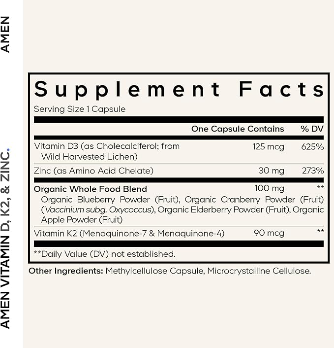Amen Vitamine D, K2 & Zinc, Cholecalciférol D3 5000 UI, Mélange biologique d'aliments entiers avec de la pomme, de la myrtille, de la canneberge, des fruits en poudre de sureau, Supplément végétalien, Vitamines D3 K2, Sans OGM - 60 gélules