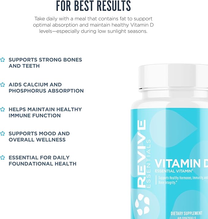Revive MD Vitamin D3 Supplement 5000 IU – High Potency Cholecalciferol for Immune Support, Calcium Absorption, Bone & Muscle Health – Non-GMO Dietary Supplement, No Fillers (60 Softgels, 60 Servings)