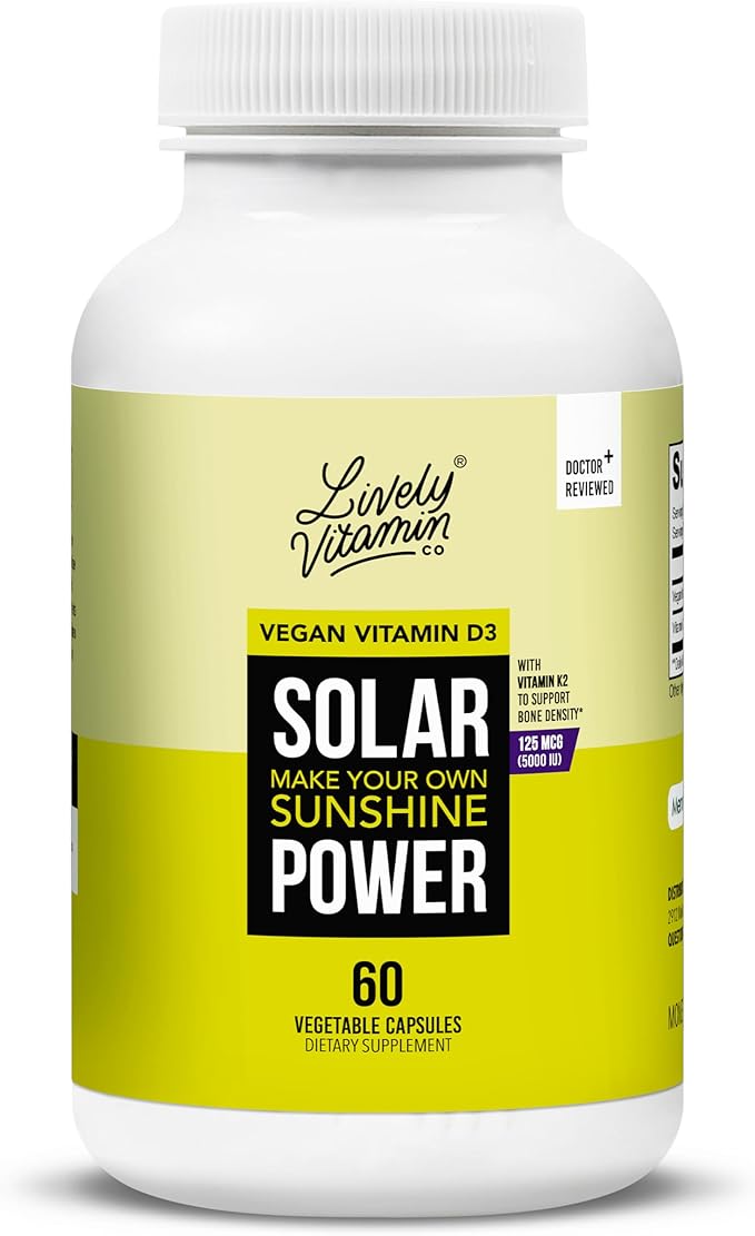 LIVELY VITAMIN CO. Énergie Solaire Vitamine D3 5000 UI - Vitamine K brevetée - MK7 - Équilibre Immunitaire - Fonction Cérébrale - Humeur - Cœur - Stress - 60 Comprimés