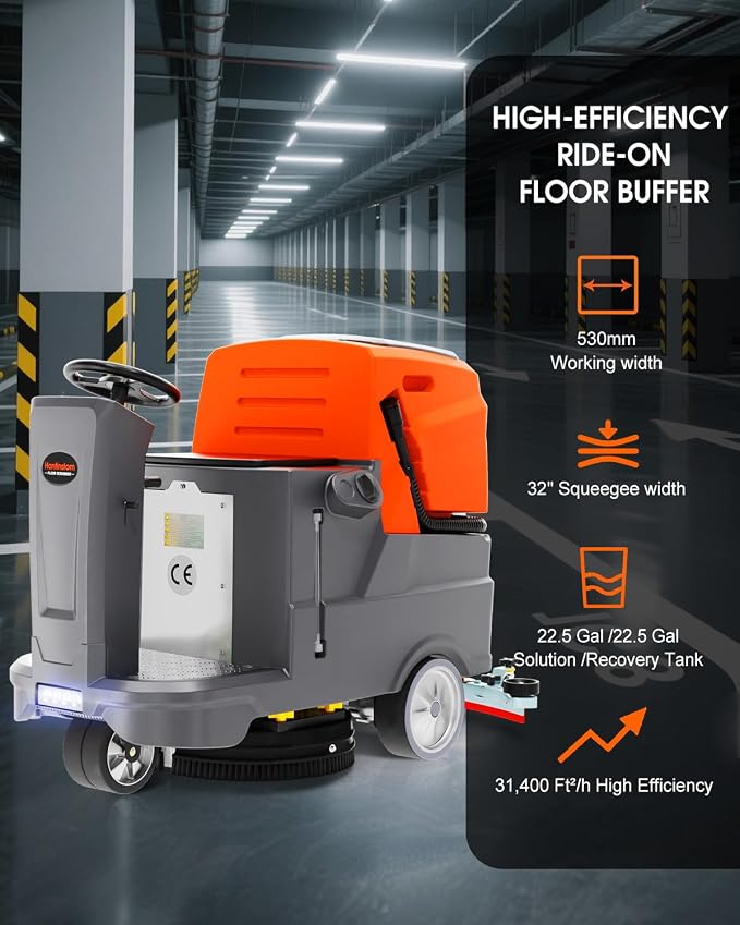 HANTINSTOM Ride-on Commercial Floor Scrubber with 20" Ultra-Wide Scrubbing Path,High-pressure Watergun，LED Light,22.5 Gal Large Solution Tank,3 Hours Wireless Working Time, 31,400 Sqft/h
