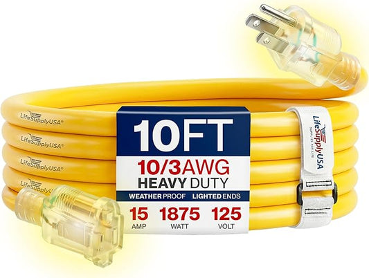 10ft Outdoor/Indoor Extension Cord 10/3 Gauge Ultra Heavy Duty 3 Prong SJTW, Waterproof, Flexible Cold-Resistant Long Power Cord,15A 125V 1875W, Yellow by LifeSupplyUSA