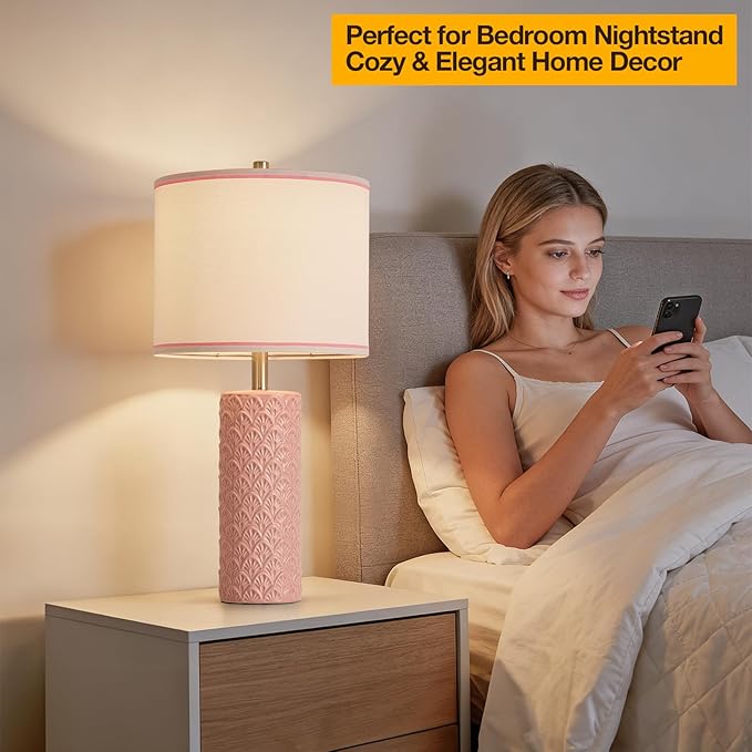 27" Farmhouse Bedside Table Lamp Set of 2, Pink Modern Ceramic Lamps for Living Room, 3 Color Temperature Rustic Table Lamps for Bedroom, Night Stands, Dorm,Office, Home Décor (Bulb Included