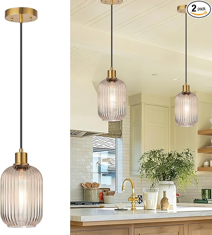 2 Pack 11"-70" Height Adjustable Clear Cylinder Pendant Lights Kitchen Island with Ribbed Lampshade, Brushed Gold Hanging Light Fixture, Pendant Lighting for Kitchen Island (Bulbs Not Included)