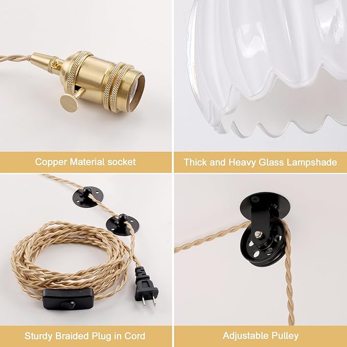 Shenmoyl Plug in Pendant Light Hanging Light Fixture Corded On/Off Switch Brass Pendant Light with White Tulip Glass Lampshade for Bedroom Living Room Kitchen Island