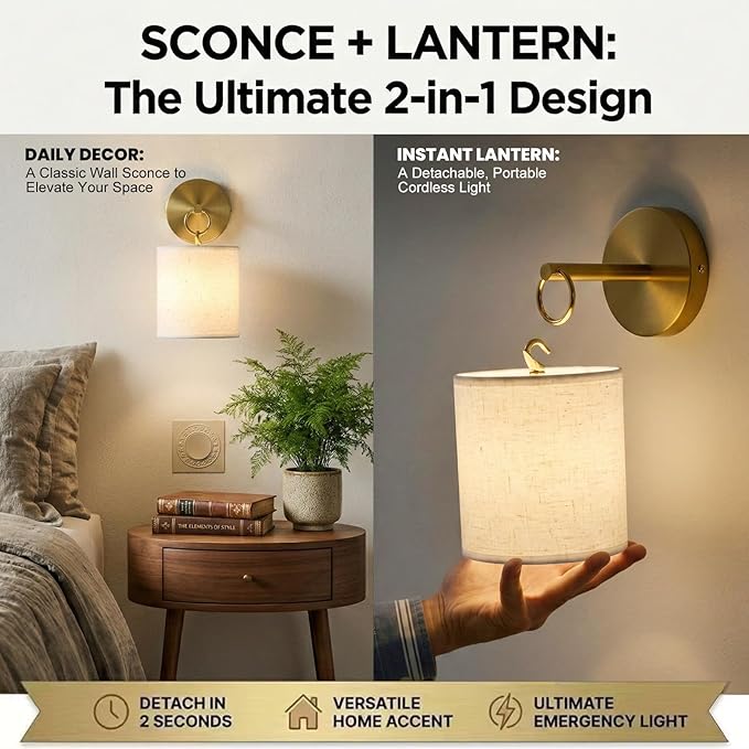 Detachable Wall Sconces Battery Operated With Hanging Hook,10000mah Battery Operated Wireless Wall Sconces Set of Two,12 RGB Gold Sconce With Remote,Renter Friendly Wall Lamps for Living Room,Bedroom