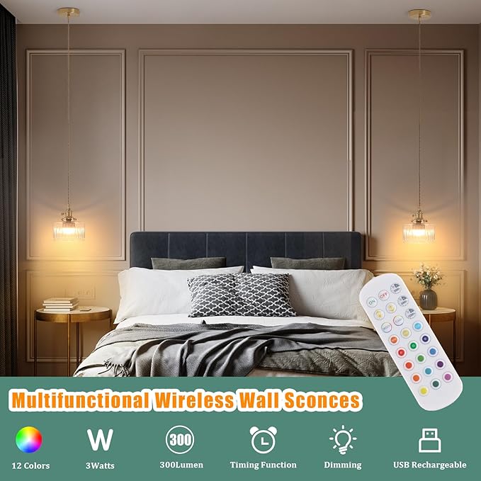 Shenmoyl Battery Operated Pendant Light 5000mAh Rechargeable Chandelier with Remote Control Wireless Adjustable Hanging Clear Striped Light for Kitchen Island Dining Room Hallway
