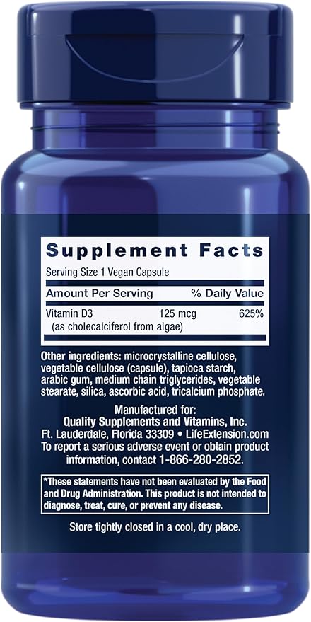 Life Extension Vitamine D3 Végétalienne, 125 mcg (5000 UI), cholécalciférol issu d'algues, haute puissance immunitaire, santé des os et de l'ensemble du corps, sans gluten, sans OGM, 1 par jour, végétalien, 60 gélules végétaliennes