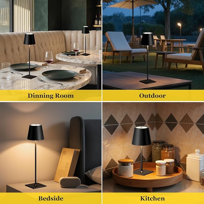 Kakanuo Cordless Rechargeable Table Lamp Black 5000mAh Battery Operated Lamps, 3 Colors Stepless Dimming Touch Lamp for Living Room, Kitchen Counter, Dining, Outdoor Patio, 2 Pack