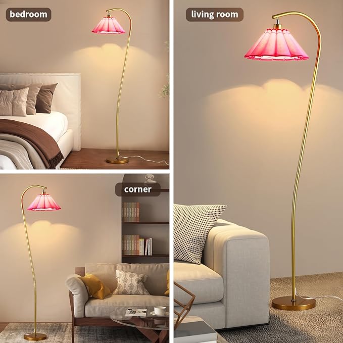 Floor Lamp with Pleated Linen Lampshade, Modern Flower Floor Lamp for Living Room Arc Standing Lamp, Gold Tall Lamp for Bedroom Office Dining Room, Bulb Included (Gold + Pink Color, 66.1IN)