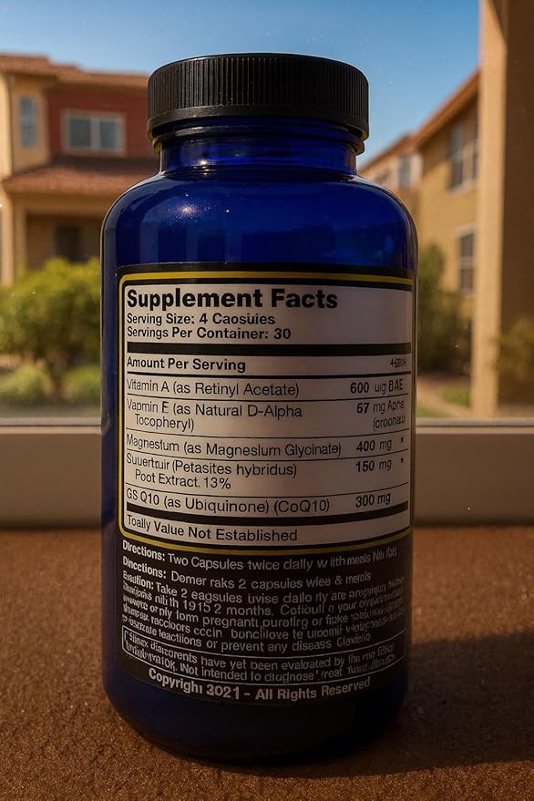 偏頭痛緩和、PAフリーフキタンポポ（150mg）、コエンザイムQ10（300mg）、マグネシウムグリシン酸（300mg）、高用量リボフラビン（400mg）配合クアッドフォーミュラ - MigrA Zero (120カプセル) 偏頭痛に悩む方に最適な用量