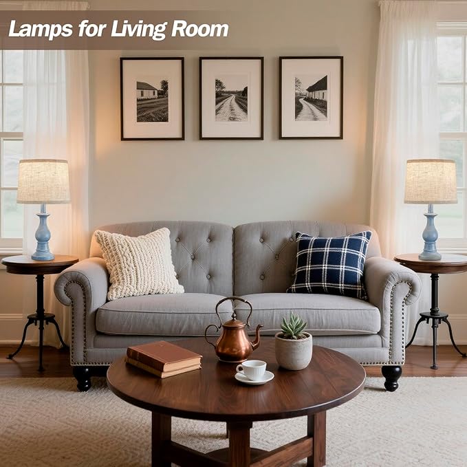 Vintage Table Lamp for Living Room Bedroom, 18.5" Farmhouse Bedside Lamps Nightstand Lamp Set of 2, Table Lamps with Oatmeal Linen Lamp Shades, 2 LED Bulbs Included, Blue