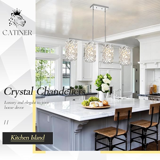 CATINER Chrome Crystal Kitchen Island Lighting 40" Modern Linear Chandelier, 4 Lights Polished Chrome Ceiling Pendant Light Fixture Over Table for Dining Room Living Room