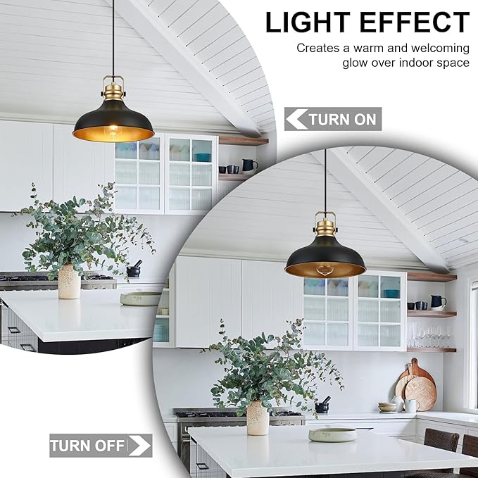 Black and Gold Farmhouse Pendant Lights Matte Pendant Lighting for Kitchen Island Industrial Adjustable Height Vintage Dome Hanging Light Fixtures for Barn, Dining Room 3 Packs