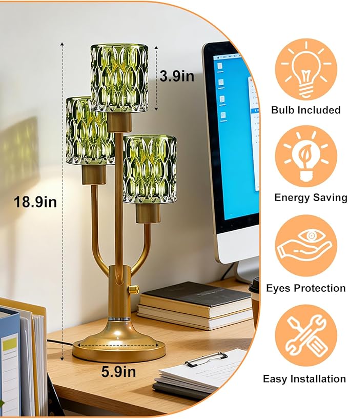 Mid Century Modern Glass Green Table Lamp Dimmable Nightstand Lamp Gold Vintage Desk Lamp 3 Bulbs Included Warmwhite Ambient Bedside Lamps for Living Room Bedroom End Table Office Home Decor