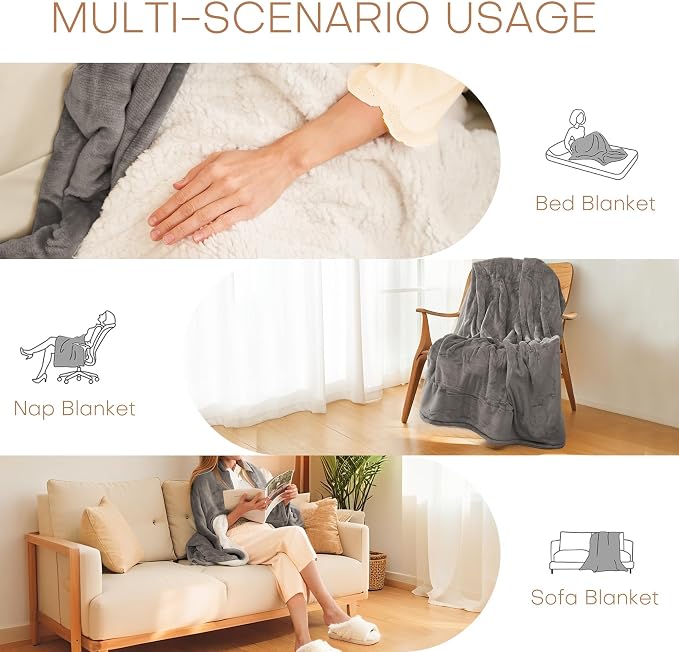 Electric Heated Blanket Throw Size 50"x60" - Flannel & Sherpa Fabric Dual-Sided, 6 Heat Settings & 3 Hours Auto Off, Soft & Cozy Warming Throw for Home, Office, or Bed, Machine Washable, Light Gray