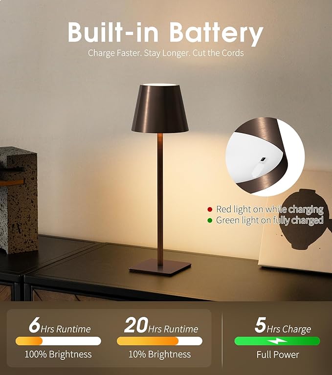 UME 3 Pack Cordless Table Lamp, Battery Operated Lamp - Portable Waterproof Rechargeable Table Lamp 3 Color Temps & Stepless Dimming for Dinner, Desk, Cafe, Outdoor (Brushed Bronze | Coffee Tonal)