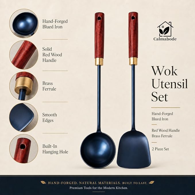 Calmabode 11” Hand-Forged Blued Iron Wok Spatula and Ladle Set | Hand-forged blued iron utensils with heat-resistant wood handles, ideal for wok cooking, stir-fry, sautéing and serving